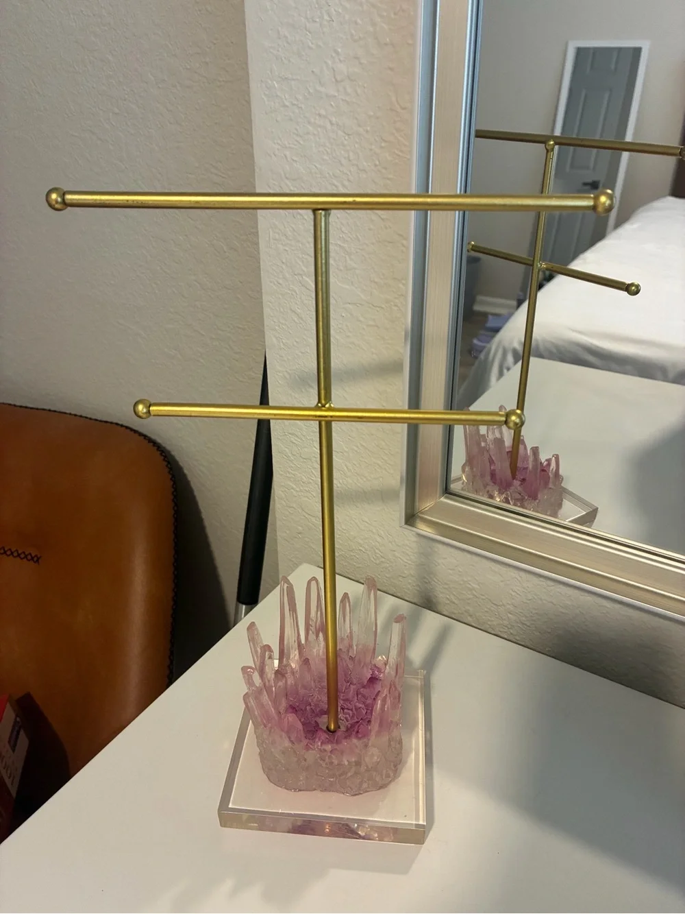 Gold Jewelry Stand with Pink Crystal Glass Base